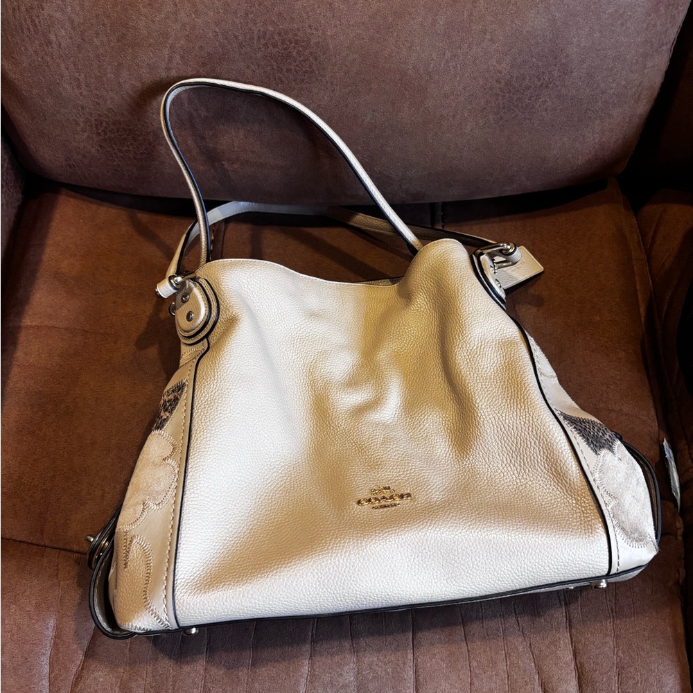 Coach Cream Shoulder Bag with Textured Leather and Metallic Handle